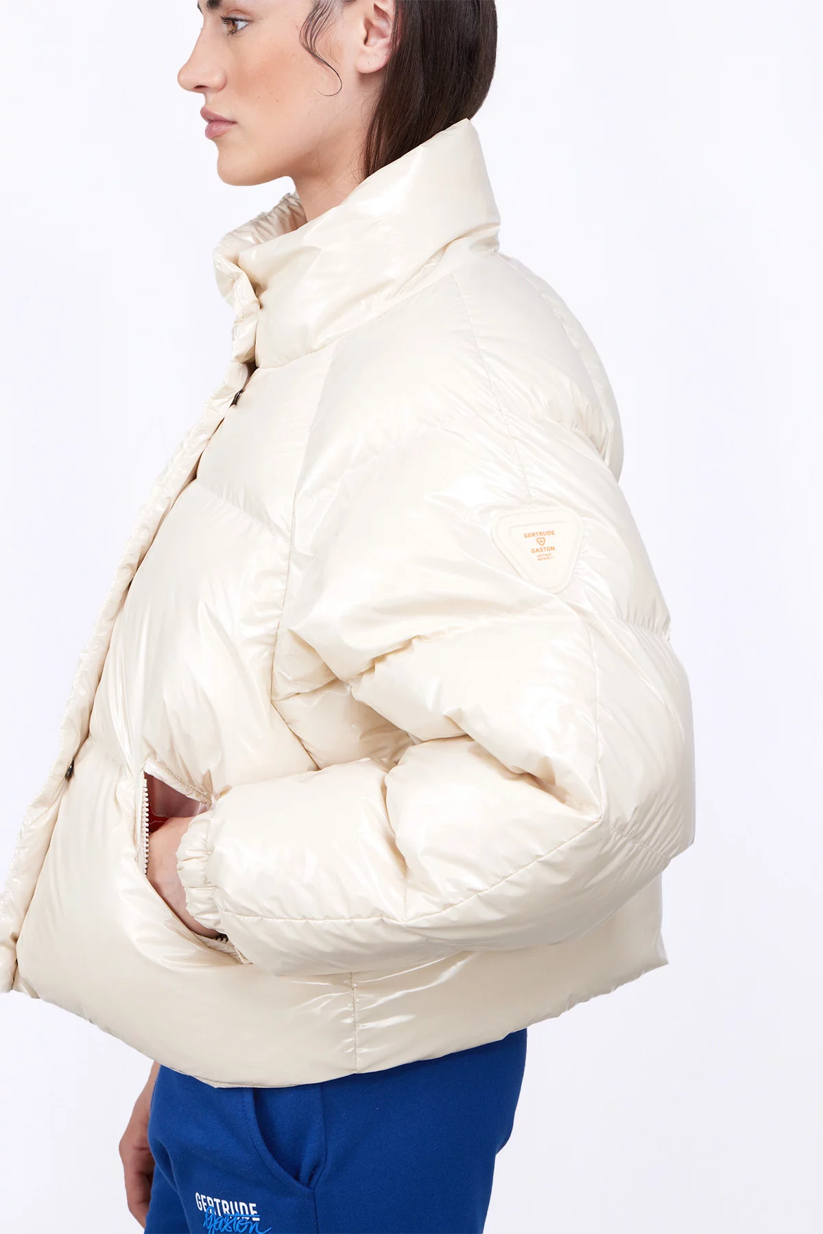 Puffy jacket in shiny nylon Emmanuelle Bright Ecru