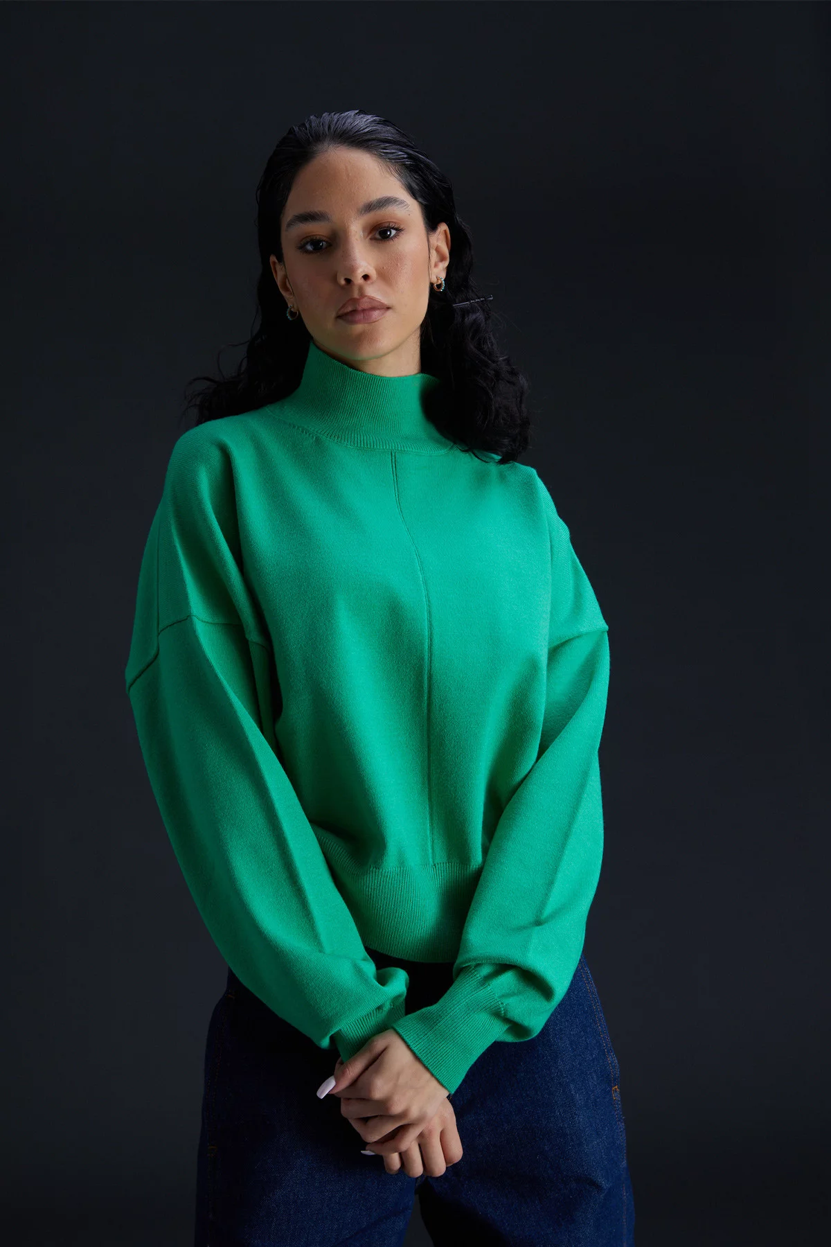 Anais Lush Green funnel neck cropped knit sweater