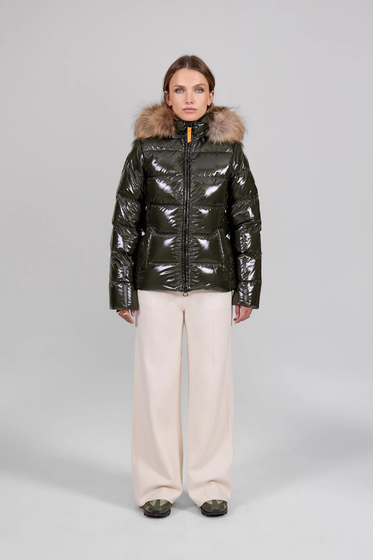 Olga Satin Down Jacket with Glossy Nylon Fur Hood